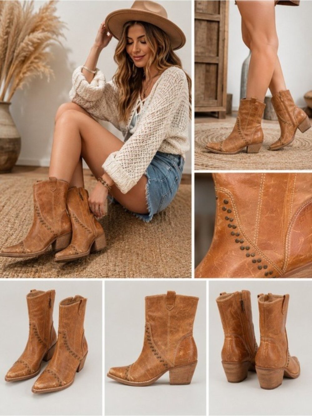 Penny Loves Kenny Studly Do Right Brown Leather Studded Boots Sz 9M Western Boho